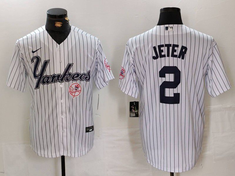 Men New York Yankees #2 Jeter White stripe Three generations of joint names Nike 2024 MLB Jersey style 3
